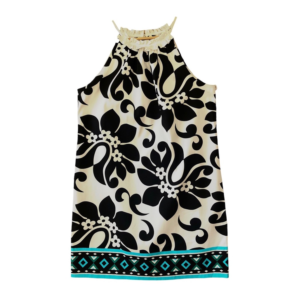 SIGNATURE LONDON STYLE black and white retro floral print halter dress, size 14